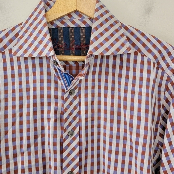 Robert Graham | Rust Brown Blue Tan Plaid Shirt Size Medium - Picture 6 of 8